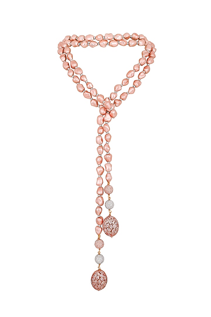 Rose Gold Finish Pink Shell Pearls Handcrafted Long Necklace by Hrisha Jewels at Pernia's Pop Up Shop