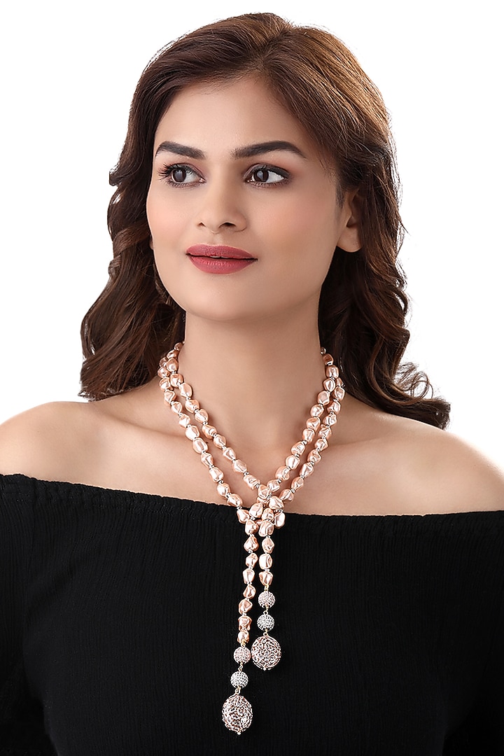 Rose Gold Finish Pink Shell Pearls Handcrafted Long Necklace by Hrisha Jewels at Pernia's Pop Up Shop