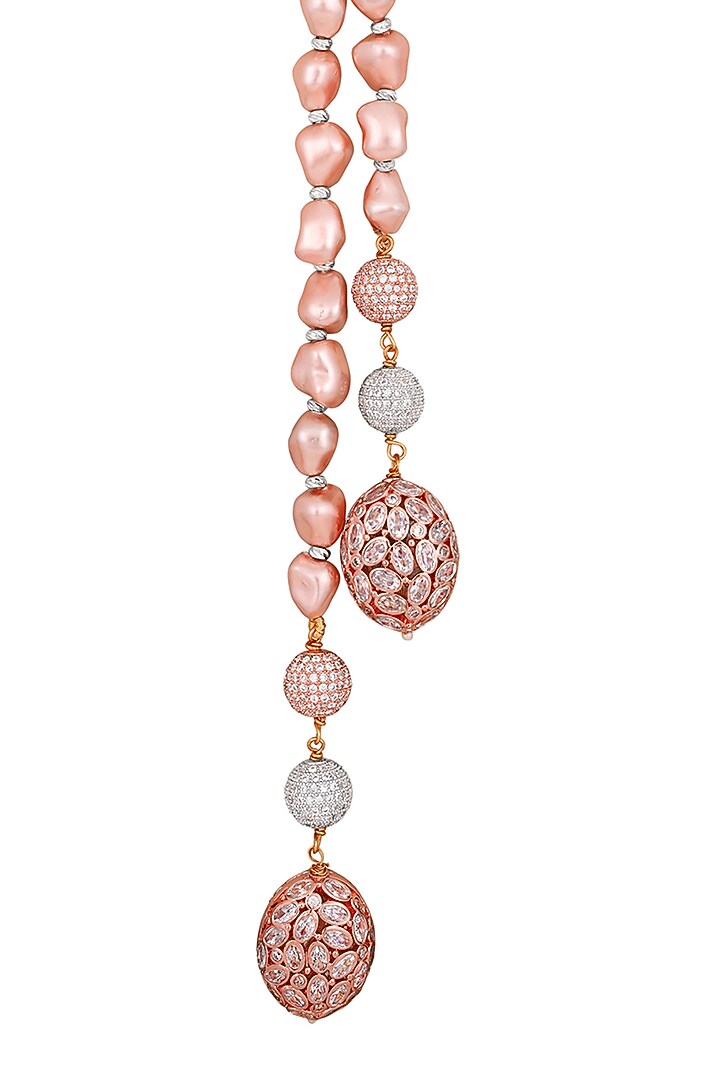 Rose Gold Finish Pink Shell Pearls Handcrafted Long Necklace by Hrisha Jewels at Pernia's Pop Up Shop