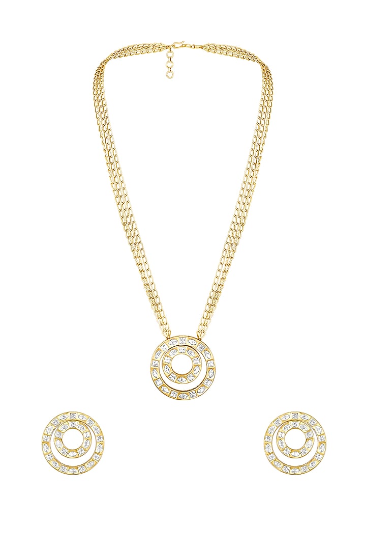 Gold Finish Kundan Polki Handcrafted Long Necklace Set by Hrisha Jewels at Pernia's Pop Up Shop