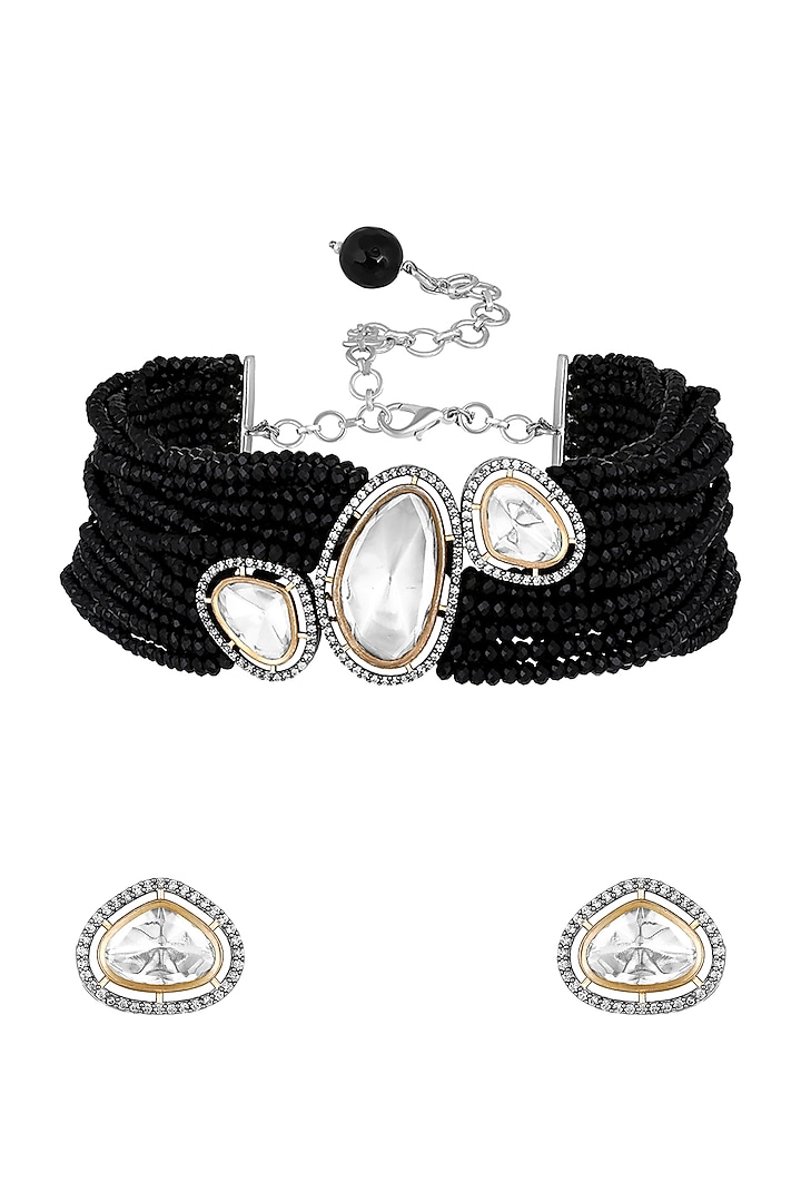 Two-Tone Finish Black Kundan Polki & Onyx Tumble Choker Necklace Set by Hrisha Jewels at Pernia's Pop Up Shop