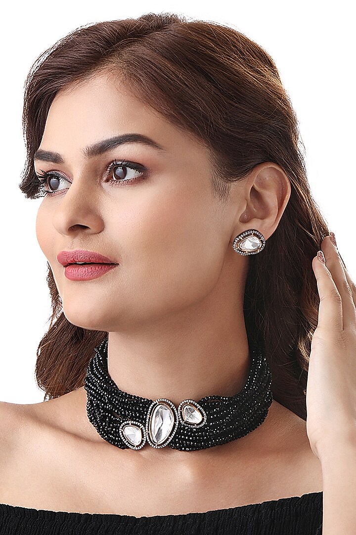 Two-Tone Finish Black Kundan Polki & Onyx Tumble Choker Necklace Set by Hrisha Jewels at Pernia's Pop Up Shop