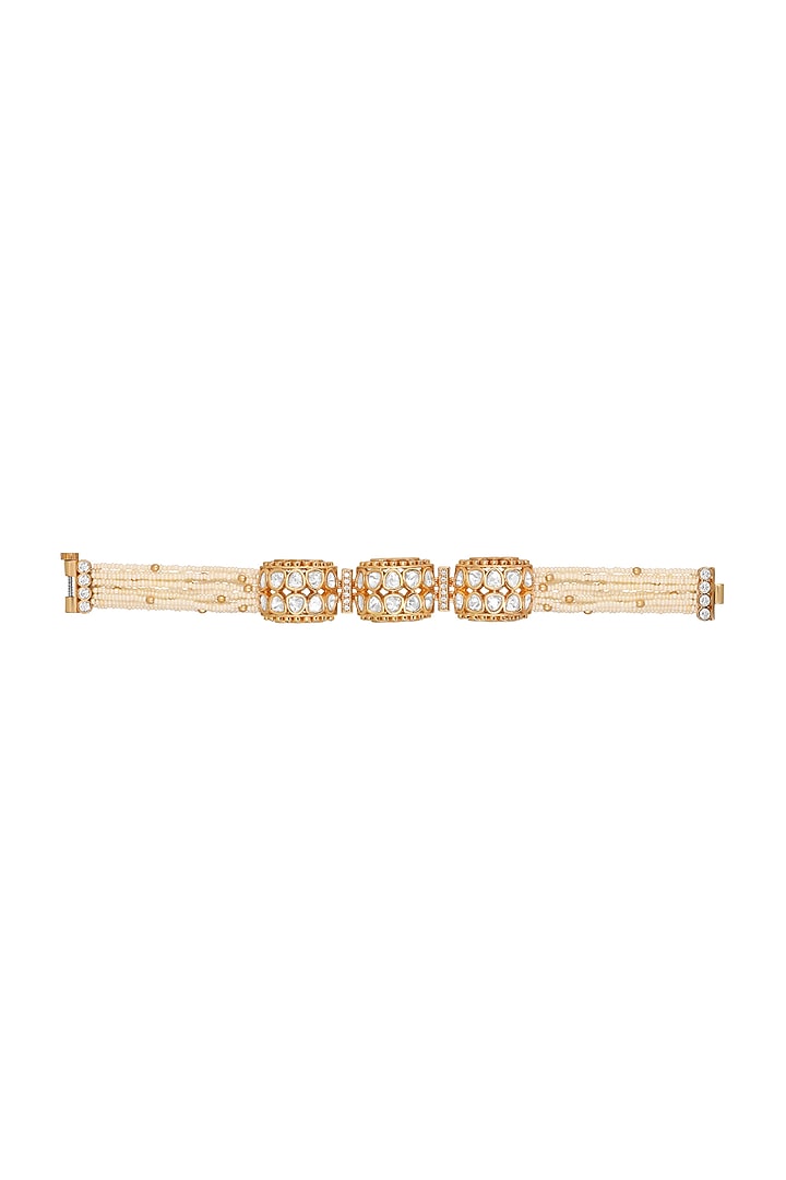 Gold Finish Kundan Polki & Cream Stone Handcrafted Bracelet by Hrisha Jewels at Pernia's Pop Up Shop