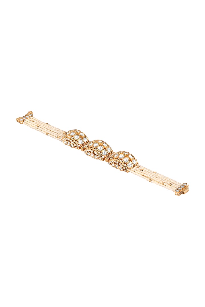 Gold Finish Kundan Polki & Cream Stone Handcrafted Bracelet by Hrisha Jewels at Pernia's Pop Up Shop
