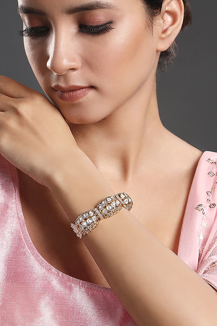 Gold Finish Kundan Polki & Cream Stone Handcrafted Bracelet by Hrisha Jewels at Pernia's Pop Up Shop