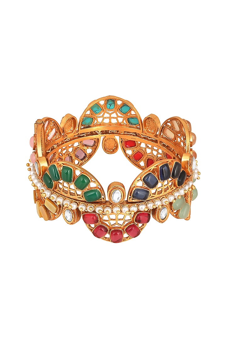 Gold Finish Navratna Stone Handcrafted Bracelet by Hrisha Jewels at Pernia's Pop Up Shop