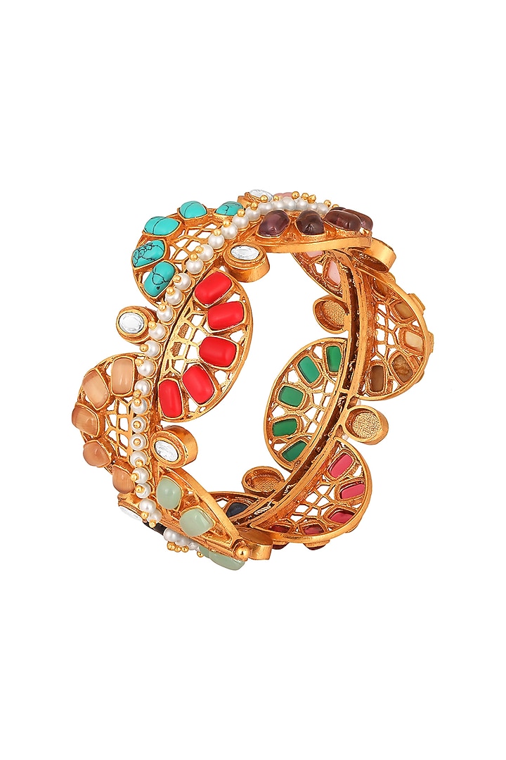 Gold Finish Navratna Stone Handcrafted Bracelet by Hrisha Jewels at Pernia's Pop Up Shop