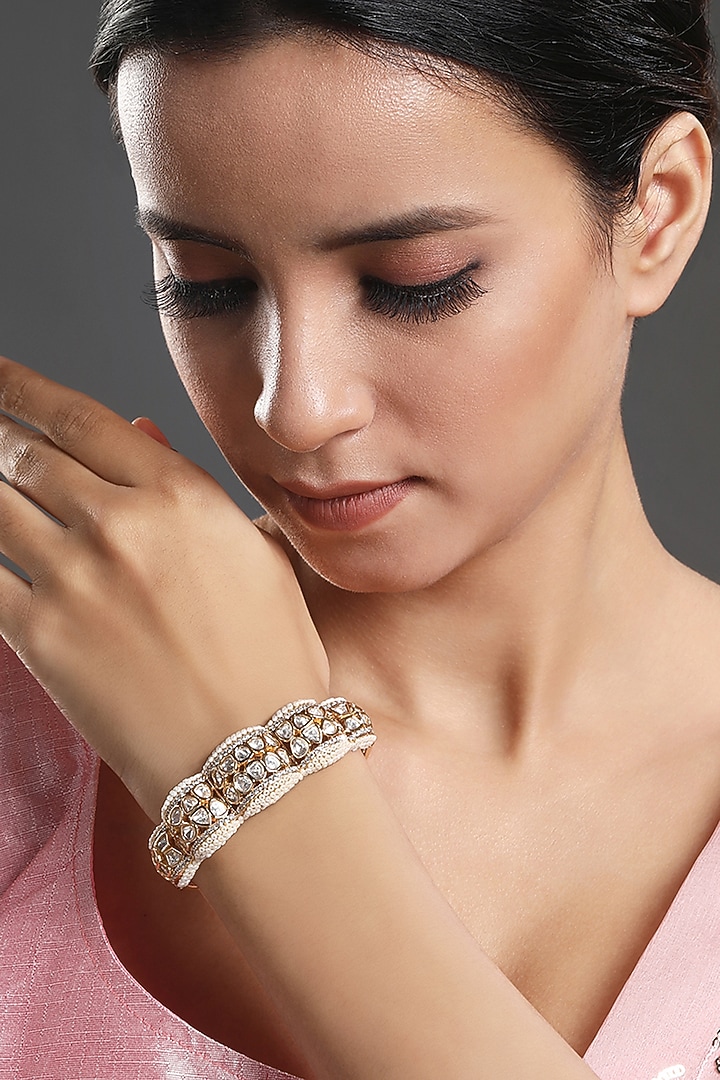 Gold Finish Kundan Polki Handcrafted Bracelet by Hrisha Jewels at Pernia's Pop Up Shop