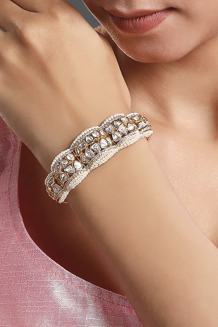 Gold Finish Kundan Polki Handcrafted Bracelet by Hrisha Jewels at Pernia's Pop Up Shop