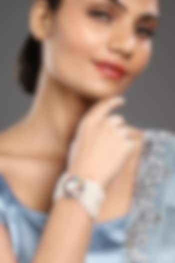 Gold Finish Pearl & Navratna Stone Handcrafted Bracelet by Hrisha Jewels at Pernia's Pop Up Shop