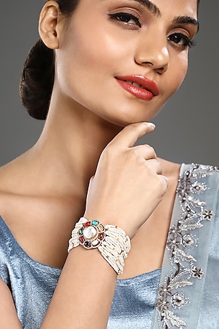 Gold Finish Pearl & Navratna Stone Handcrafted Bracelet by Hrisha Jewels