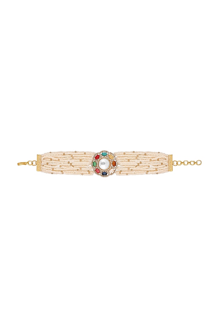 Gold Finish Pearl & Navratna Stone Handcrafted Bracelet by Hrisha Jewels at Pernia's Pop Up Shop