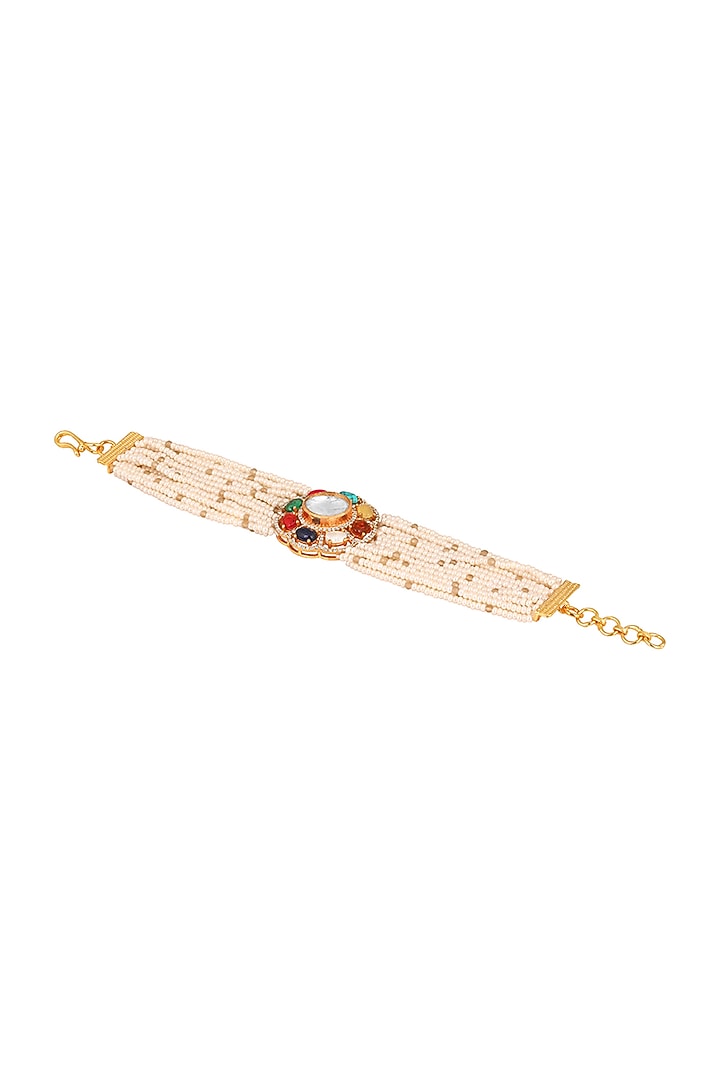 Gold Finish Pearl & Navratna Stone Handcrafted Bracelet by Hrisha Jewels at Pernia's Pop Up Shop