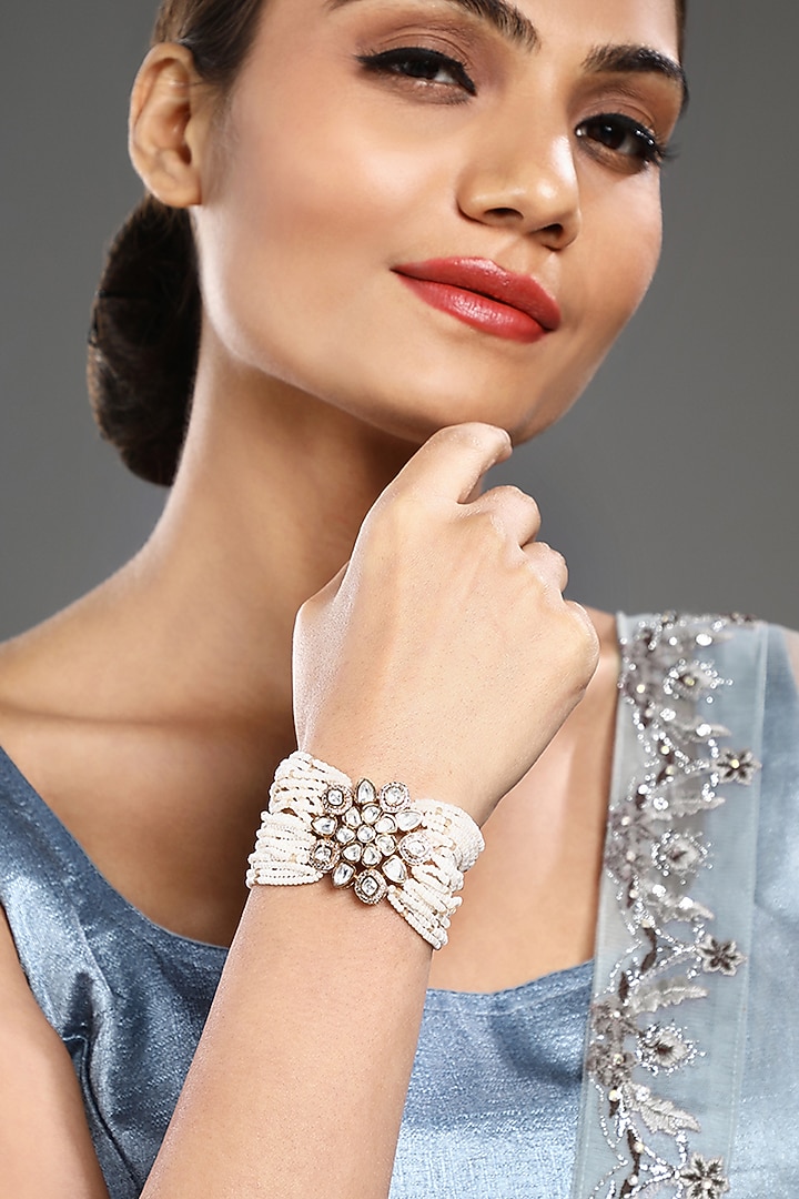 Gold Finish Cream Kundan Polki Handcrafted Bracelet by Hrisha Jewels at Pernia's Pop Up Shop