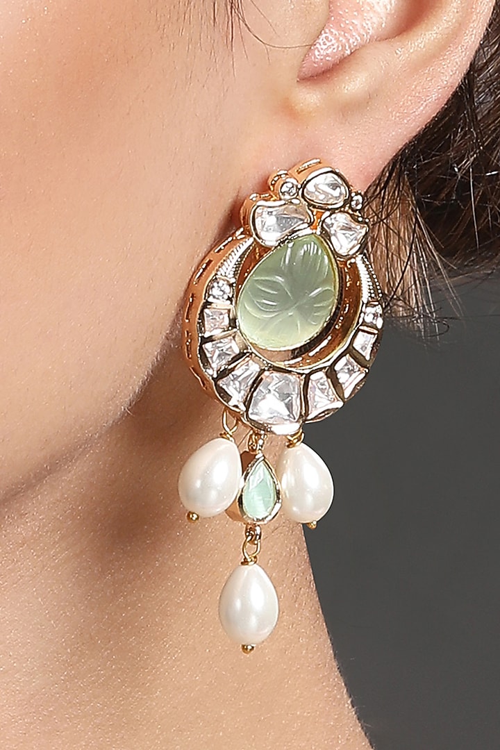 Gold Finish Kundan Polki & Green Onyx Handcrafted Chandbali Earrings by Hrisha Jewels at Pernia's Pop Up Shop