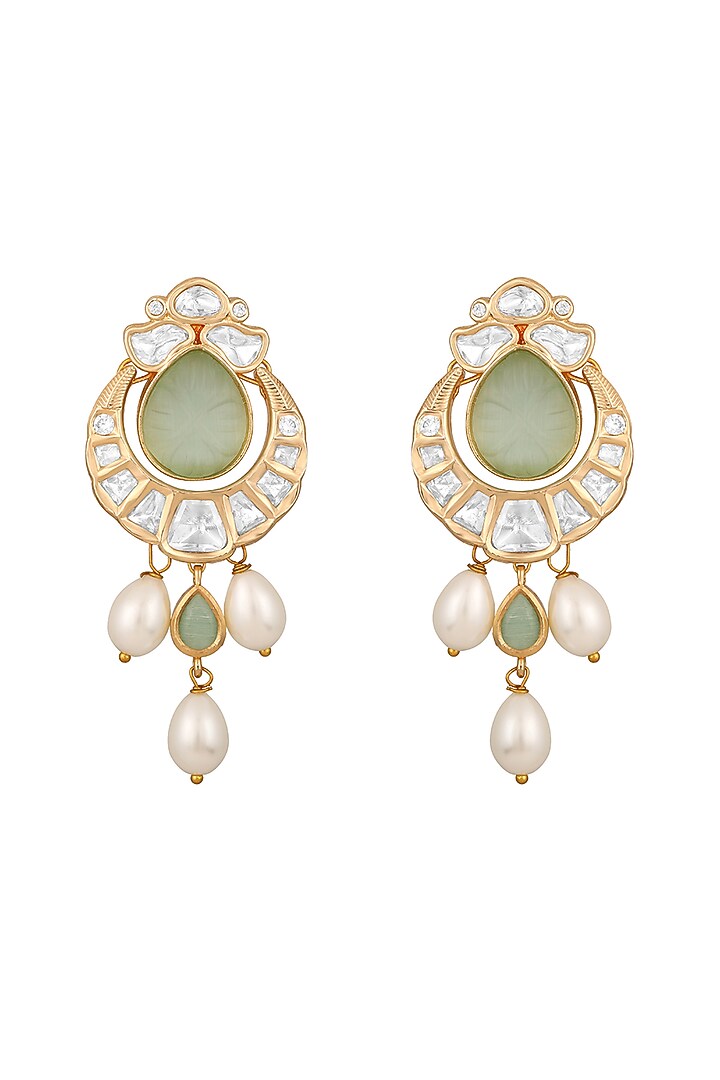 Gold Finish Kundan Polki & Green Onyx Handcrafted Chandbali Earrings by Hrisha Jewels at Pernia's Pop Up Shop