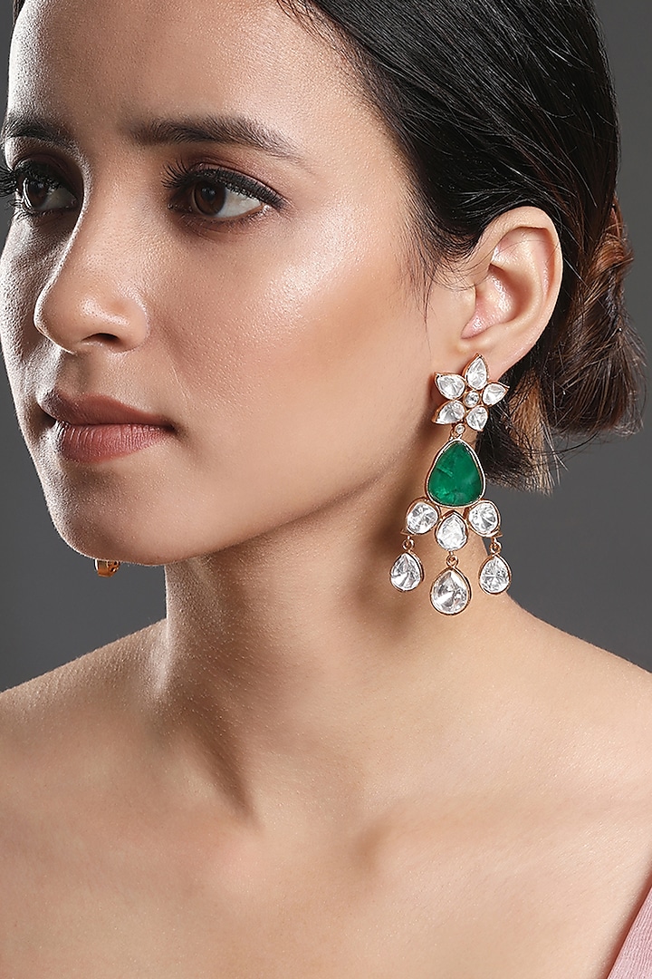 Gold Finish Kundan Polki & Emerald Green Stone Handcrafted Dangler Earrings by Hrisha Jewels at Pernia's Pop Up Shop