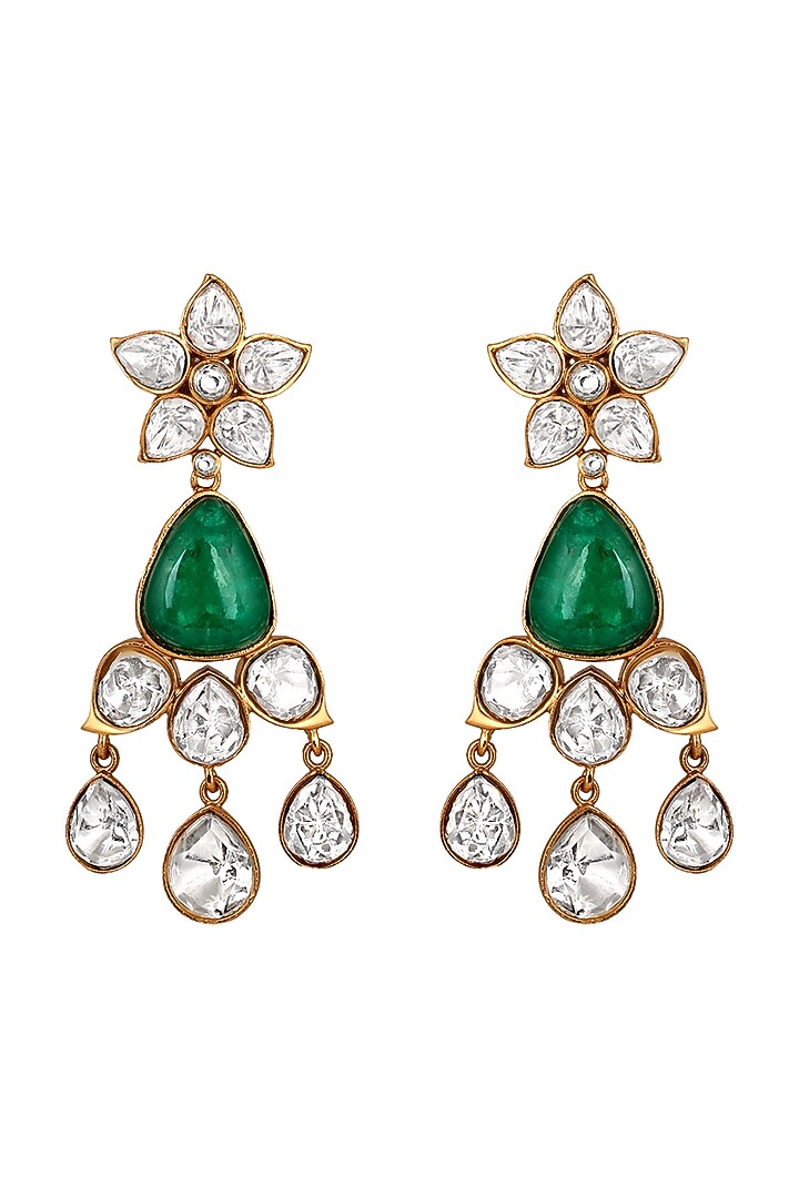 Gold Finish Kundan Polki & Emerald Green Stone Handcrafted Dangler Earrings by Hrisha Jewels at Pernia's Pop Up Shop