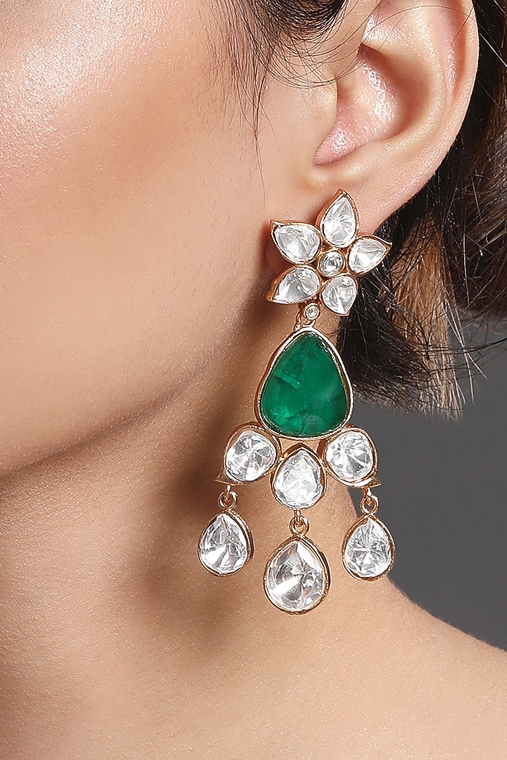 Gold Finish Kundan Polki & Emerald Green Stone Handcrafted Dangler Earrings by Hrisha Jewels at Pernia's Pop Up Shop