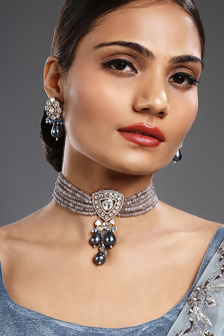 Gold Finish Kundan Polki & Agate Stone Handcrafted Choker Necklace Set by Hrisha Jewels at Pernia's Pop Up Shop