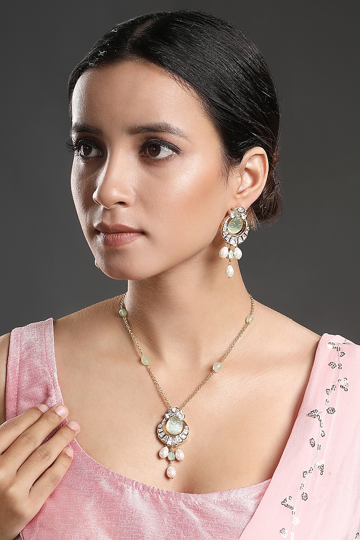 Gold Finish Kundan Polki & Green Onyx Handcrafted Long Necklace Set by Hrisha Jewels at Pernia's Pop Up Shop