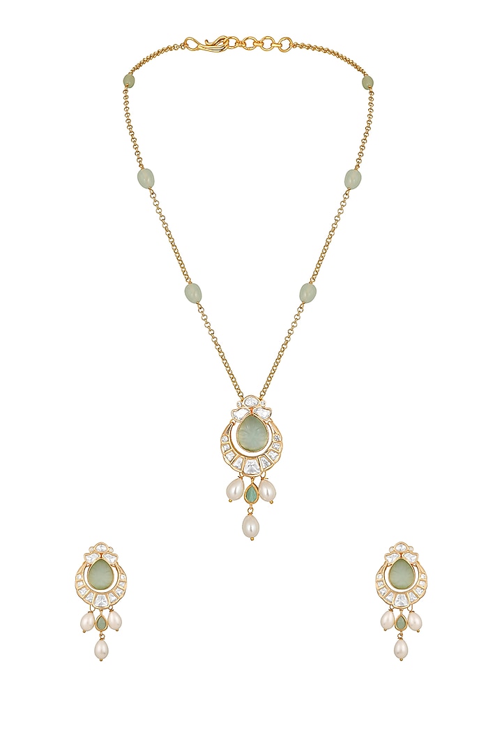 Gold Finish Kundan Polki & Green Onyx Handcrafted Long Necklace Set by Hrisha Jewels at Pernia's Pop Up Shop