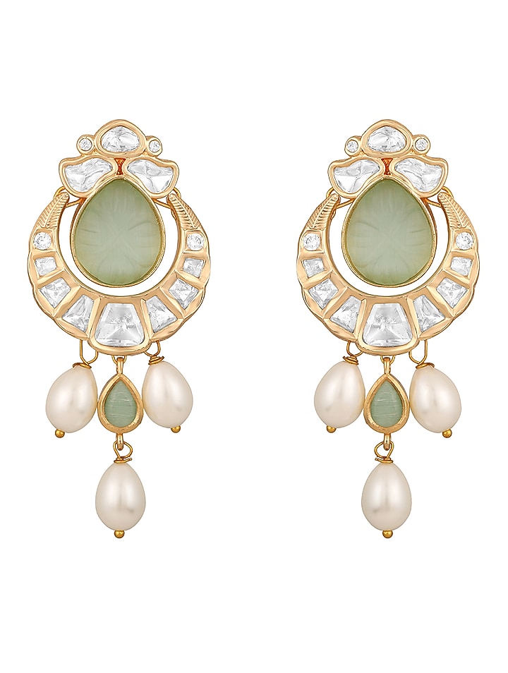 Gold Finish Kundan Polki & Green Onyx Handcrafted Long Necklace Set by Hrisha Jewels at Pernia's Pop Up Shop