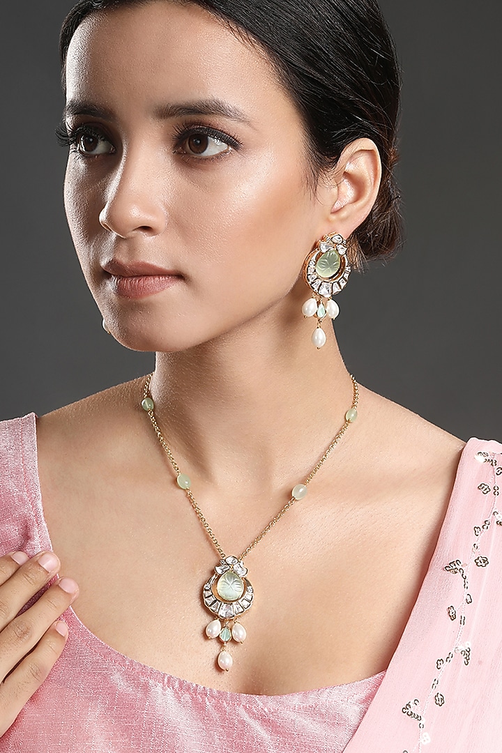 Gold Finish Kundan Polki & Green Onyx Handcrafted Long Necklace Set by Hrisha Jewels at Pernia's Pop Up Shop