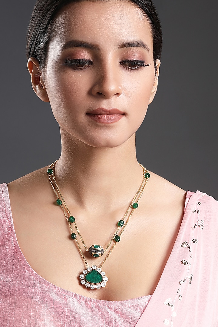 Two-Tone Finish Emerald Synthetic Stone Handcrafted Long Necklace by Hrisha Jewels at Pernia's Pop Up Shop