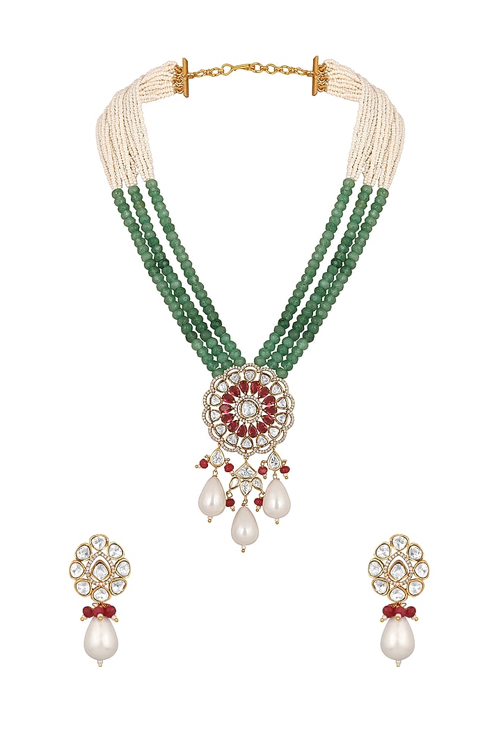 Gold Finish Multi-Colored Agate Beaded Handcrafted Long Necklace Set by Hrisha Jewels at Pernia's Pop Up Shop