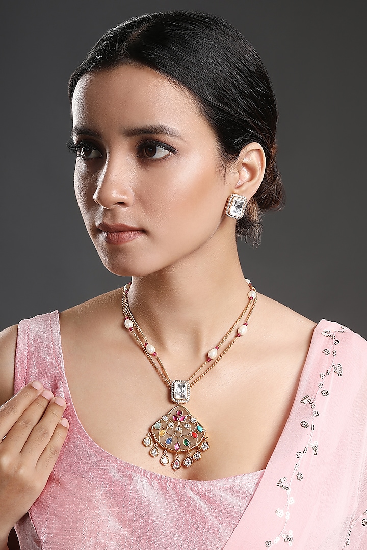 Gold Finish Multi-Colored Onyx Long Handcrafted Necklace Set by Hrisha Jewels at Pernia's Pop Up Shop