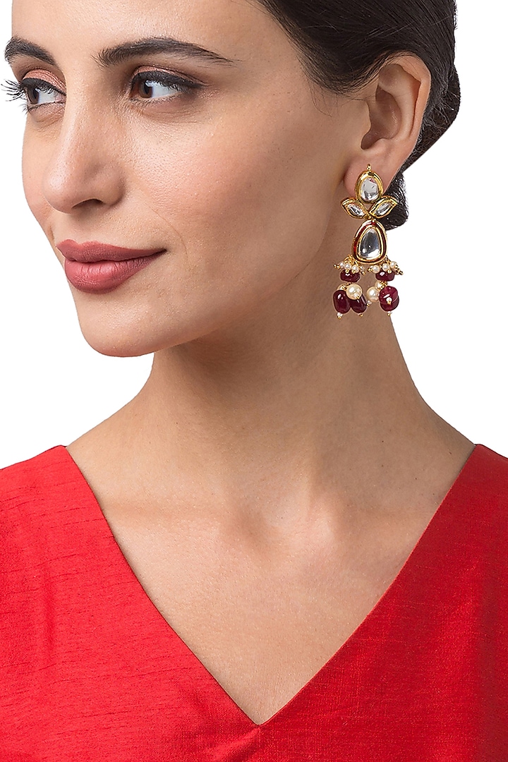 Micron Gold Finish Kundan Polki Handcrafted Earrings by Hrisha Jewels