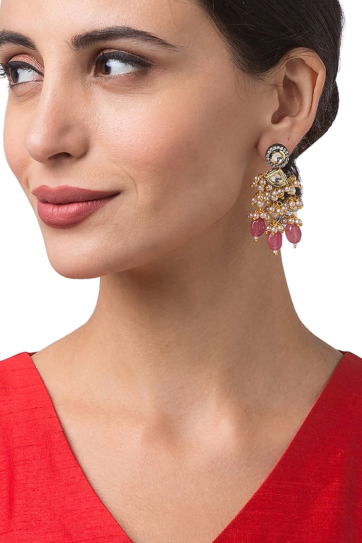 Micron Gold Finish Pearl & Kundan Polki Earrings by Hrisha Jewels