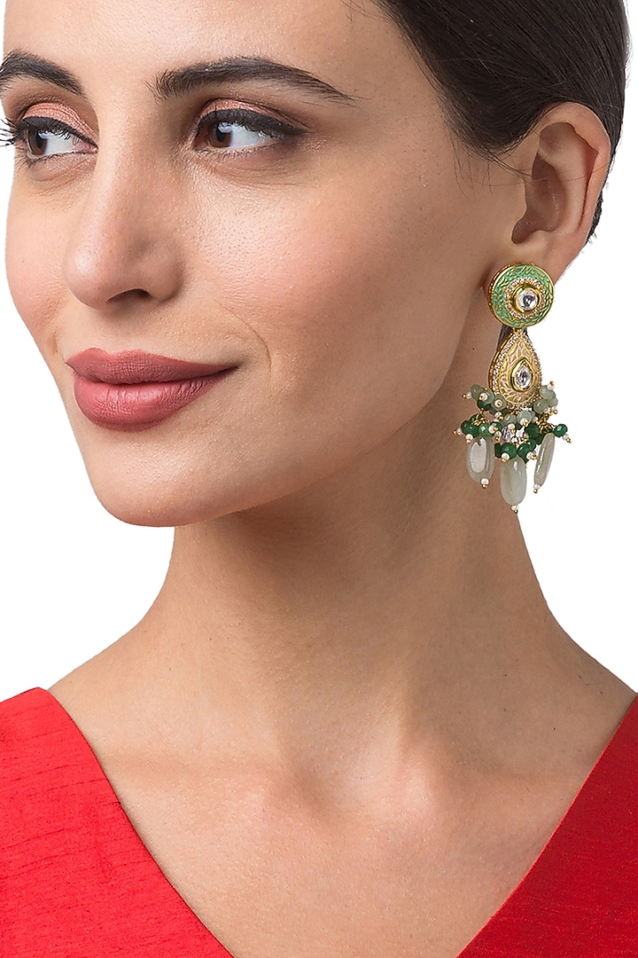 Micron Gold Finish Beaded & Kundan Polki Earrings by Hrisha Jewels at Pernia's Pop Up Shop