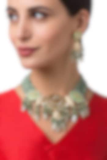 Micron Gold Finish Kundan Polki & Beaded Necklace Set by Hrisha Jewels at Pernia's Pop Up Shop