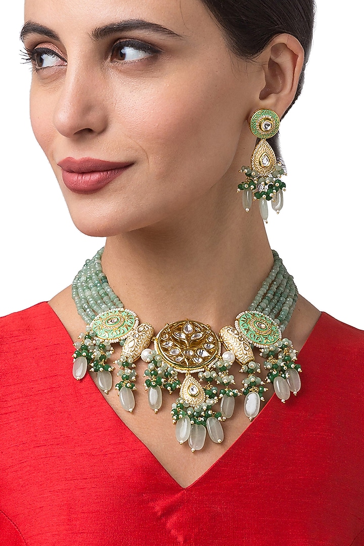 Micron Gold Finish Kundan Polki & Beaded Necklace Set by Hrisha Jewels at Pernia's Pop Up Shop