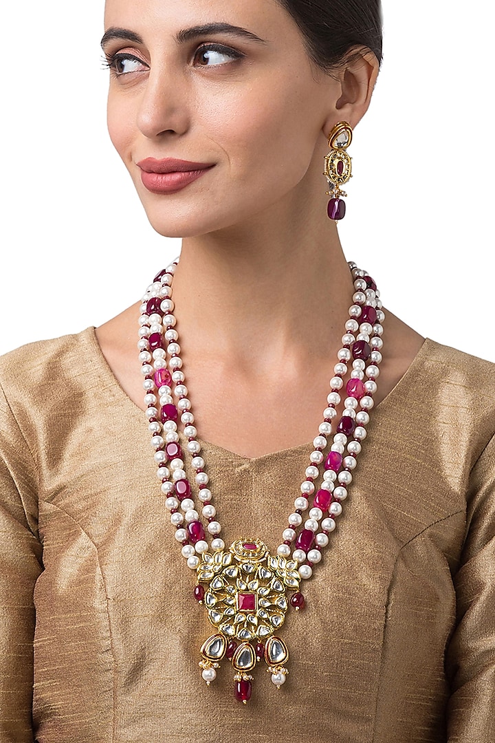 Micron Gold Finish Kundan Polki Necklace Set by Hrisha Jewels