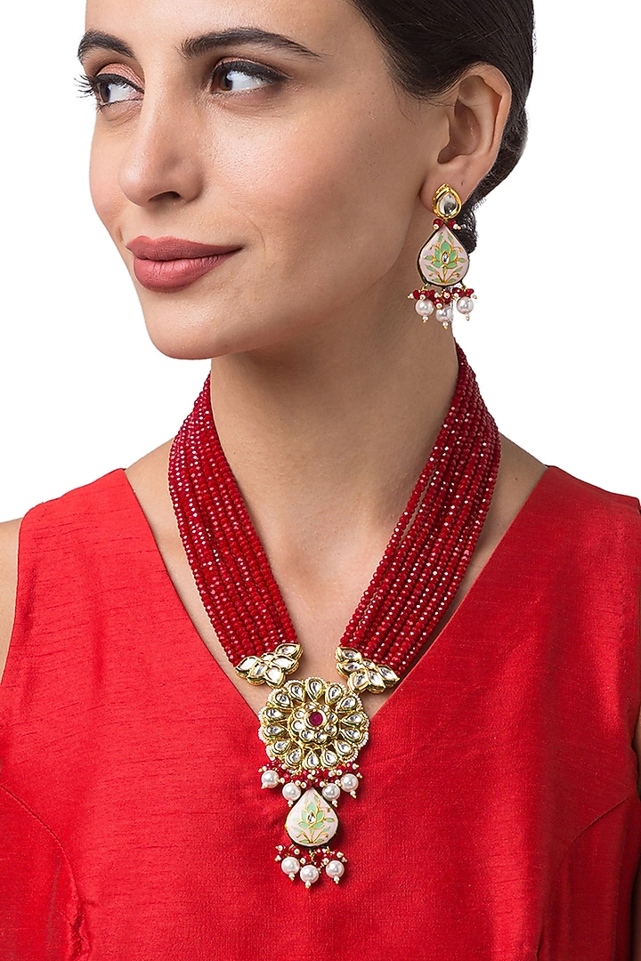 Micron Gold Finish Pearl & Kundan Polki Necklace Set by Hrisha Jewels at Pernia's Pop Up Shop