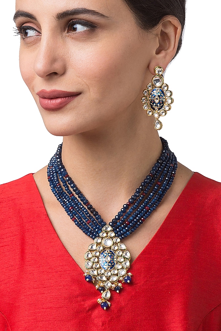 Micron Gold Finish Kundan Polki Handcrafted Necklace Set by Hrisha Jewels