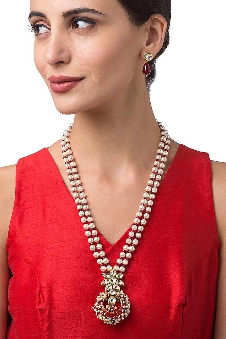 Micron Gold Finish Red Beaded Necklace Set by Hrisha Jewels