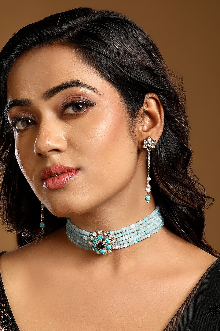 Micron Gold Finish Kundan Polki & Blue Tourmaline Stone Choker Necklace Set by Hrisha Jewels at Pernia's Pop Up Shop