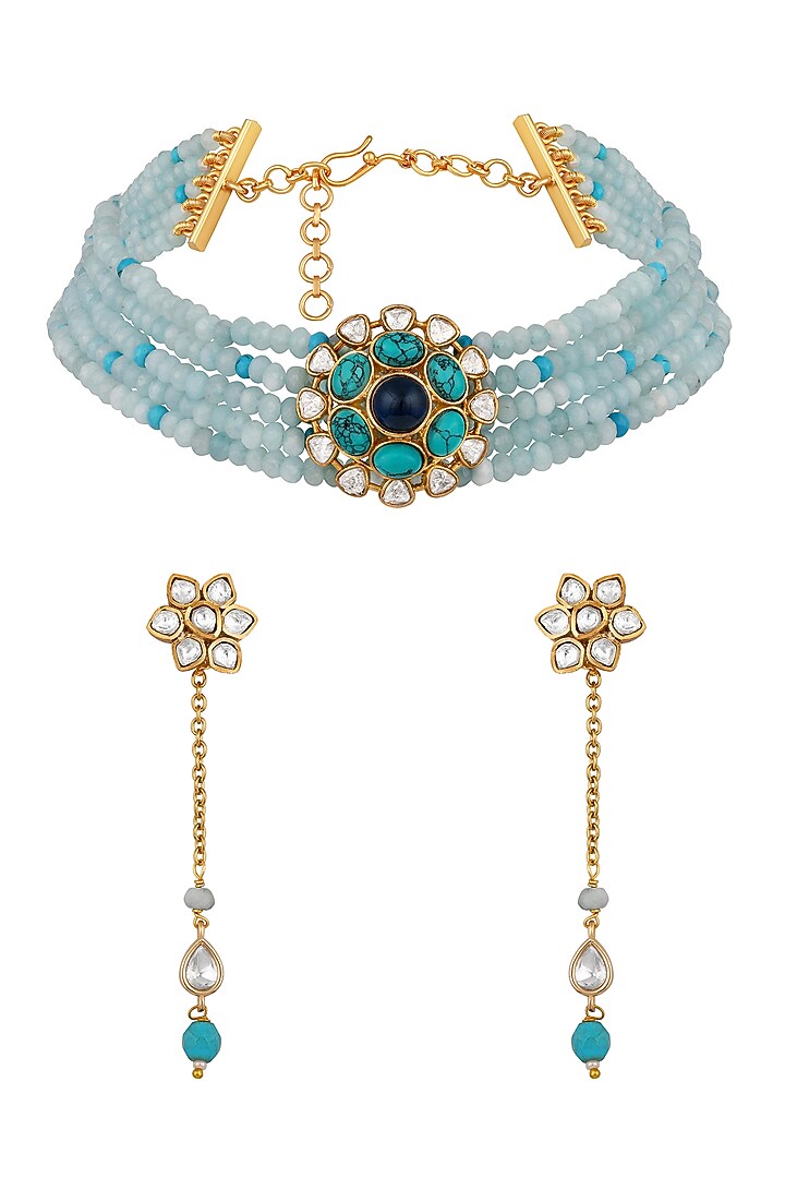 Micron Gold Finish Kundan Polki & Blue Tourmaline Stone Choker Necklace Set by Hrisha Jewels at Pernia's Pop Up Shop