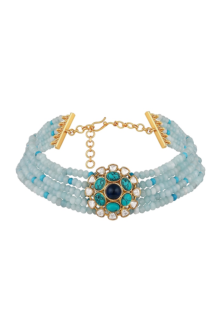Micron Gold Finish Kundan Polki & Blue Tourmaline Stone Choker Necklace Set by Hrisha Jewels at Pernia's Pop Up Shop