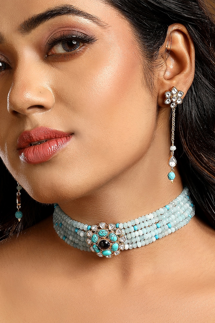 Micron Gold Finish Kundan Polki & Blue Tourmaline Stone Choker Necklace Set by Hrisha Jewels at Pernia's Pop Up Shop