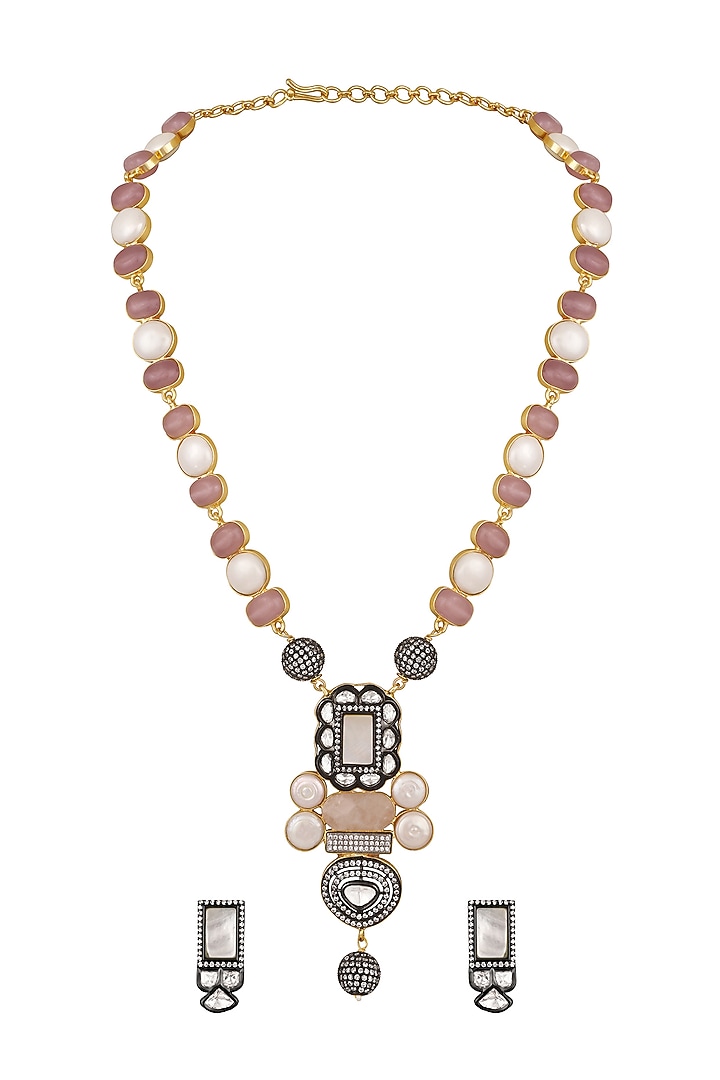 Two-Tone Finish Rose quartz stone & Shell Pearl Necklace Set by Hrisha Jewels at Pernia's Pop Up Shop