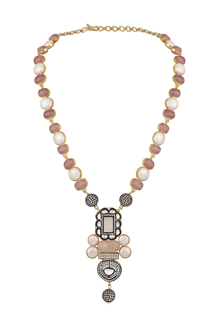 Two-Tone Finish Rose quartz stone & Shell Pearl Necklace Set by Hrisha Jewels at Pernia's Pop Up Shop