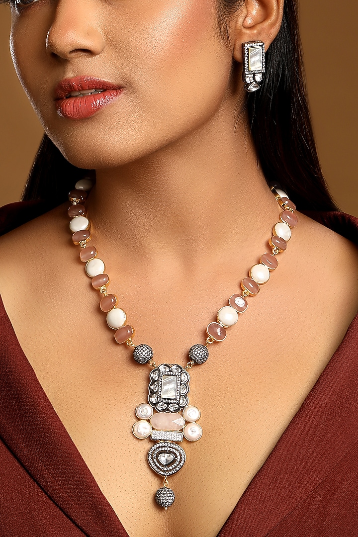 Two-Tone Finish Rose quartz stone & Shell Pearl Necklace Set by Hrisha Jewels at Pernia's Pop Up Shop