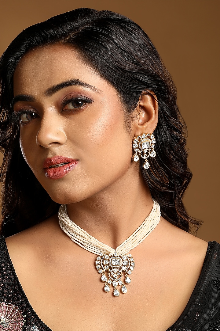 Gold Finish Cubic Zircon & Kundan Polki Necklace Set by Hrisha Jewels at Pernia's Pop Up Shop