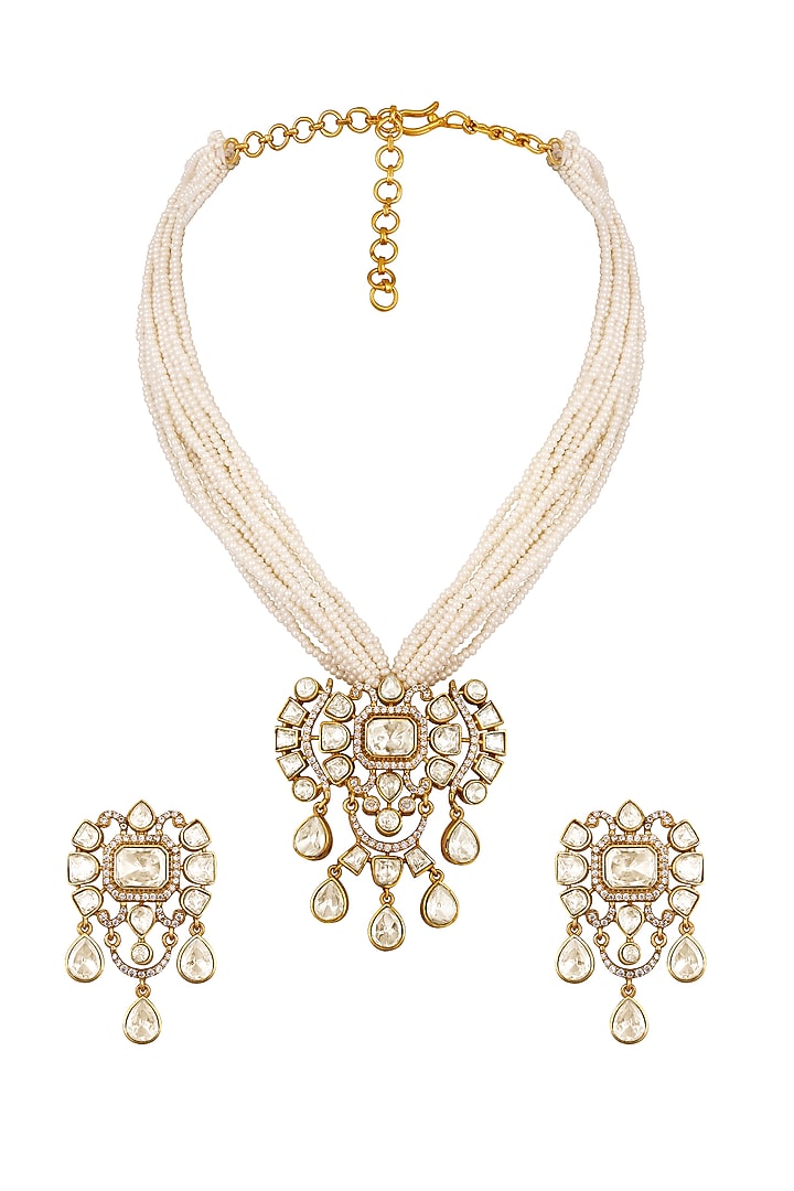 Gold Finish Cubic Zircon & Kundan Polki Necklace Set by Hrisha Jewels at Pernia's Pop Up Shop