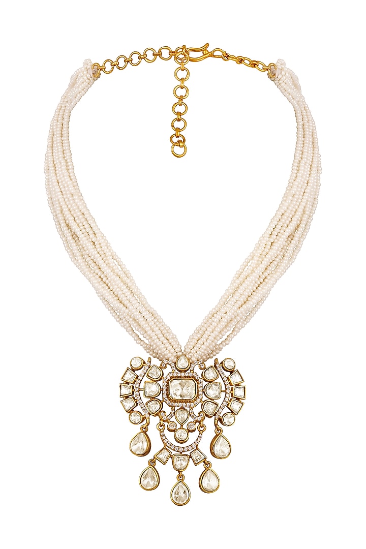 Gold Finish Cubic Zircon & Kundan Polki Necklace Set by Hrisha Jewels at Pernia's Pop Up Shop